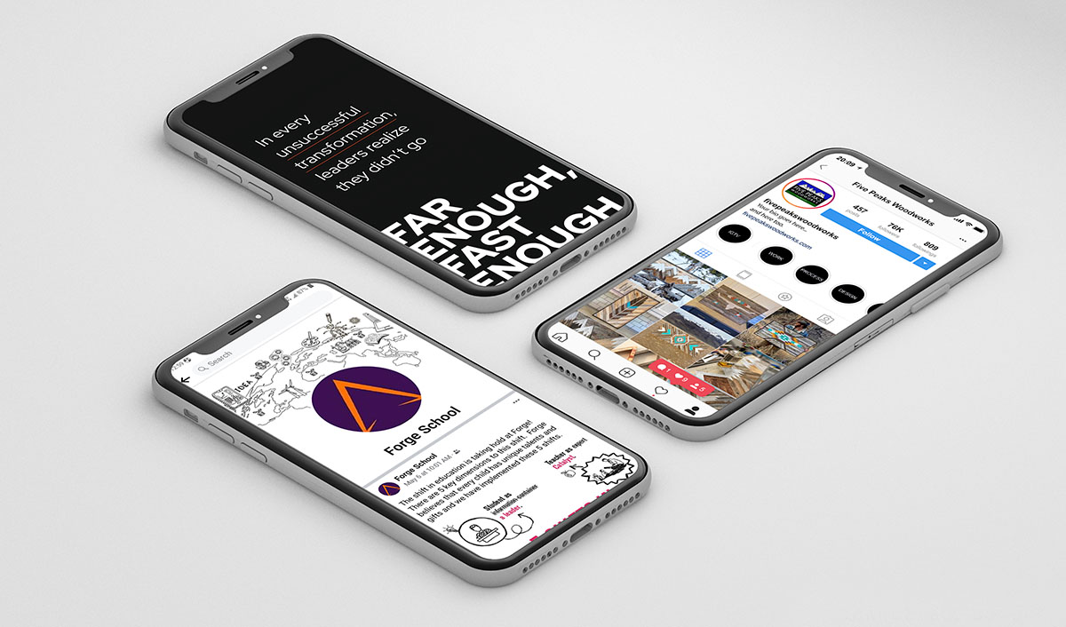 social media OneScout Brand Designs mocked up cell phones showing customer messages