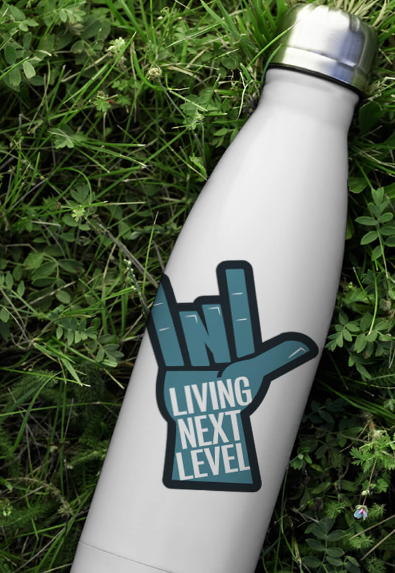 Living Next Level Branding Sticker on a water bottle